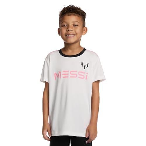 Messi Boys' Lifestyle Short Sleeve Top, Slim-Fit Shirt with Logo, Comfortable, Piping Crew Neck TOP - Bright White, 5