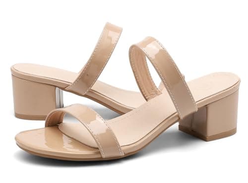 DADAWEN Women's Two Strap Open Toe Slip On Low Chunky Heels Sandals Block Heels Mule Sandals Party Dating Wedding Dress Pumps Shoes Nude US Size 5