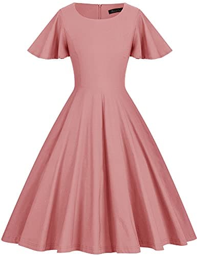 GownTown 1950s Vintage Dresses Butterfly Sleeve Swing Stretchy Dresses Dark Pink