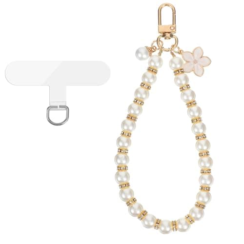 HekouJiub Pearl Phone Strap, Detachable Beaded Cell Phone Wrist Strap, Lanyard Wristlet Keychain Charms for Women - Cute Beaded Chain Bracelet with Clear Tether Tabs