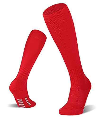FITRELL 2/3 Pack Soccer Socks Baseball Softball For Youth Kids Boys Girls, Over-The-Calf Football Socks for Adult Men Women,Red,XSmall
