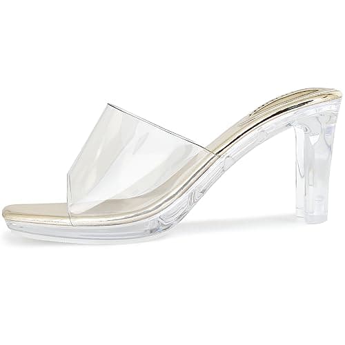 NBUUNBU Chunky Heels for Women Clear Platform Heels Sexy Block High Heels Sandals Square Toe Open Toe Transparent Strap Comfortable Dress Shoes Slip on Mules