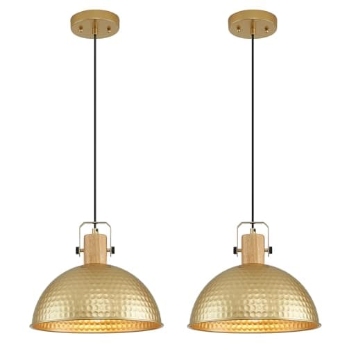 ALAISLYC 12 Inch Gold Pendant Lights Hammered Matte Pendant Lights for Kitchen Island Industrial Farmhouse Adjustable Height Dome Hanging Light Fixtures for Barn, Dining Room 2 Packs
