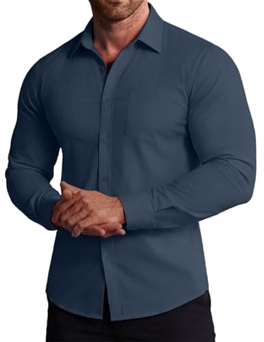 COOFANDY Men's Deep Blue Dress Shirts Slim Fit Wrinkle-Free Long Sleeve Casual Button Down Shirt