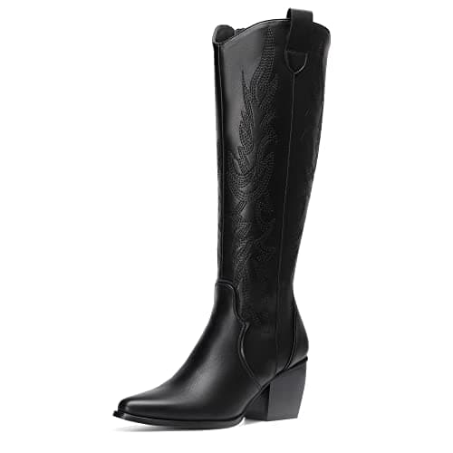 DREAM PAIRS Womens Cowboy Boots Wide Calf Comfortable Pull On Zipper Chunky Heel Pointed Toe Embroidered Western Cowgirl Knee High Boots Ladies Retro Tall Boot,Size 5.5,Black/Pu,SDKB224W