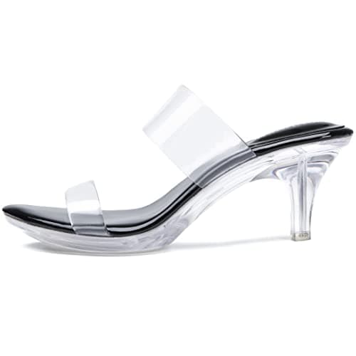 NBUUNBU Clear Heels for Women Silver Black Heels Little Platform Sexy High Heels Sandals Stiletto Kitten Open Toe Dress Shoes Comfortable Double Transparent Strap Heeled Sandals Mule