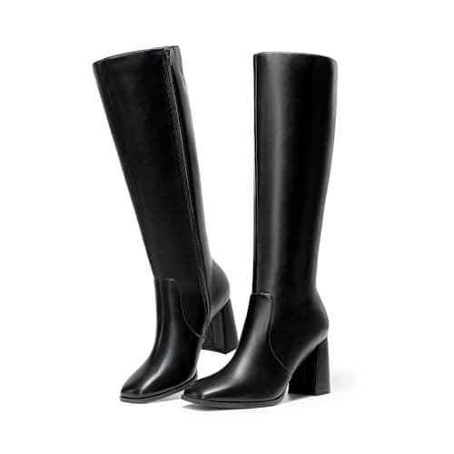 DREAM PAIRS Knee High Boots for Women Square Toe Gogo Chunky Heel with Side Zip,Size 6.5,Black,SDKB2407W