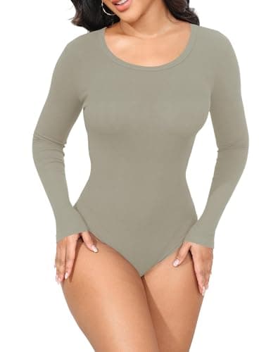GEMBERA Women's Long Sleeve Boat Neck Soft Ribbed Basic Fitted Bodysuit Top Shirts (1940 Beige Tan S)