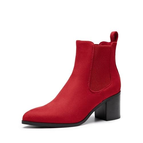 DREAM PAIRS Women's Faux Leather Suede Ankle Boots, Pointed Toe, Low Chunky Block Heel, Elastic Pull-On, Anti-Slip Outsole, Retro Design for Work, Casual, Night Out, Size 7.5,Red-Suede,SDAB2314W