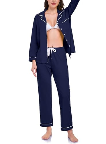 EA'S SECRET 100% Cotton Pajamas for Women Set Long Sleeve Sleepwear Button Down Loungewear Soft Pjs Lounge Sets S-XXL (Navy Blue,L)
