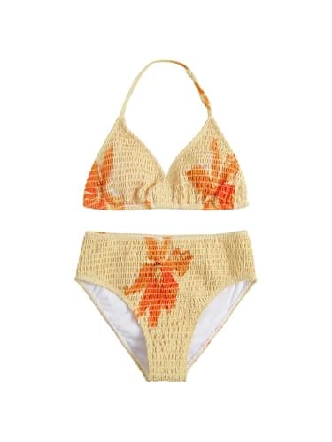 RoseSeek Girl's Tie Dye Smocked 2 Piece Swimwear Sets Backless Halter Bikini Cute Brief Bathing Suit Yellow 10Y