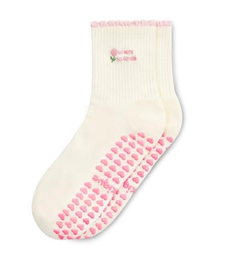 Awakique Cute Pilates Grip Socks for Women, Non-Slip Pink Crew Socks for Yoga, Barre, Lagree and Home Workouts, Great Gift Idea (Flower)