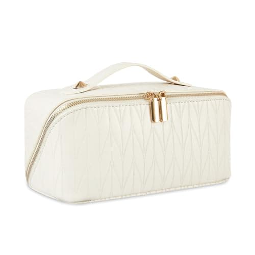 IDELCHOIS Travel Makeup Bag Large Capacity Cosmetic Bags for Women, Waterproof Toiletry Bag Open Flat Makeup Bag with Compartments and Handle, Portable Cosmetic Organizer Pouch, Wheat-White
