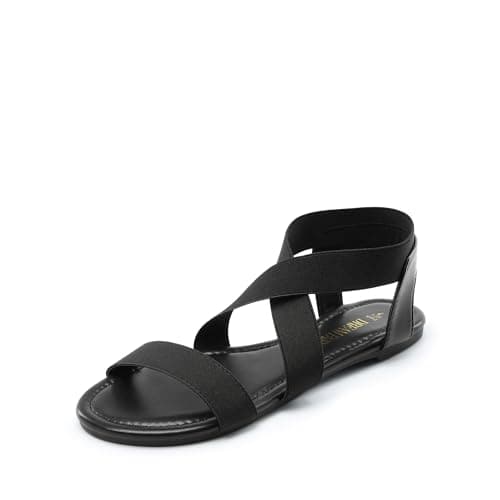 DREAM PAIRS Women's Elastic Ankle Strap Flat Sandals Summer Dressy Shoes Cute Strappy Gladiator Sandals,Size 5.5,All Black-Elastic,ELATICA-6