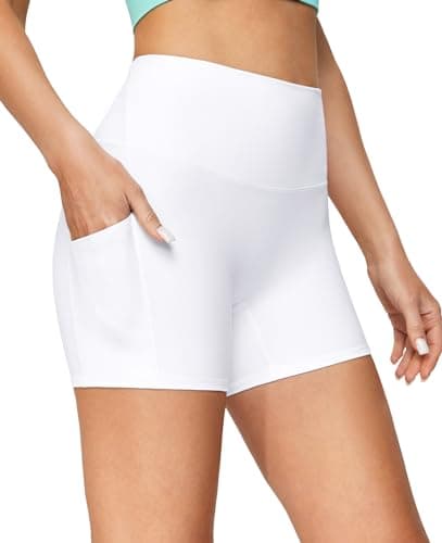 IUGA Biker Shorts Women with Pockets No Front Seam 4" Yoga Spandex Shorts Women Workout Running High Waisted Tummy Control White