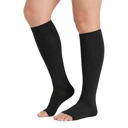 KEKING Knee High Compression Stockings for Women & Men, 20-30 mmHg Graduated Support Hose, Open Toe for Varicose Veins, Edema, DVT, Pregnancy, Nurses & Travel — Breathable & Comfortable, Black XXL