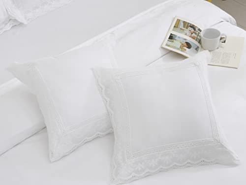 White Lace Euro Shams Throw Pillow Covers Cotton Bed French Country Shabby Chic Luxury Princess 2PCS 26"x26"
