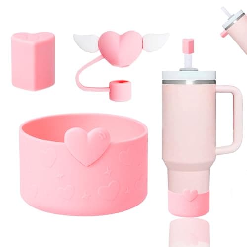 YAYAYOUNG Stanley Cup Silicone Accessories Set Including 1Pc Love Boot for StanleyCup 40oz & 30oz Tumbler,1 Pc Love-Wing and 1 Pc Magnetic Straw Covers Cap Toppers for 0.4 in/10mm StanleyStraws(Pink)