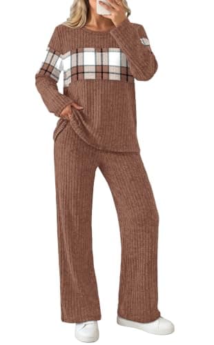 Lounge Sets for Women 2 Piece Outfits for Women Long Sleeve Tops Wide Leg Pants Tracksuit Sweatsuit Caramel 2026 L