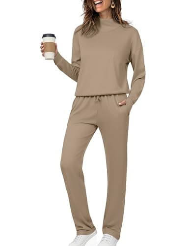 Totatuit Womens Sweatsuit Set 2 Piece Matching Tracksuit Winter High Neck Pullover Lounge Sets with Pockets Slouchy Fall Outfits Sports Wear Light Khaki XXL
