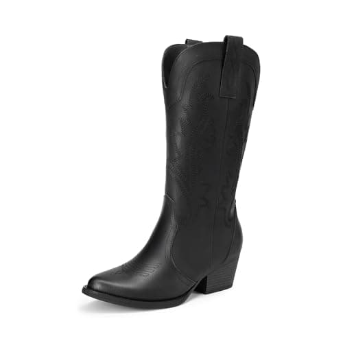 DREAM PAIRS Women's Cowboy Cowgirl Boots Embroidered Pointed Toe Low Heel Western Mid Calf Boot for Theme Party Country Concert,Size 7.5,All Black,DWUMMB2503