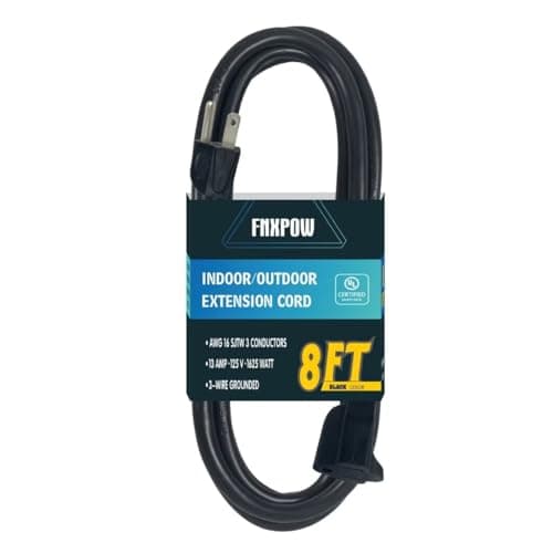 FNXPOW Indoor Outdoor Extension Cord 8 FT Waterproof, 16/3 Gauge Heavy Duty Black Extension Cords, 13A 1625W SJTW Extension Cord with 3 Prong Grounded Plug, Great for Tools, Lights, UL Listed.