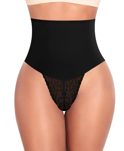 Werena Tummy Control Thong Shapewear for Women Mid High Waisted Body Shaper Underwear Lace Shaping Thong Girdle Panties(#A1 Mid Rise Black,Small)