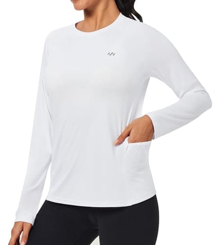 Rash Guard for Women UPF 50+ SPF UV Protection Long Sleeve Workout Tops Swim Shirt Dry Fit Sun Shirts with Pockets White