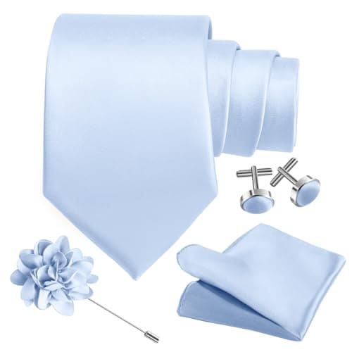 Mukidom 3.15" Mens Solid Light Blue Tie Set Pocket Square Wedding Business