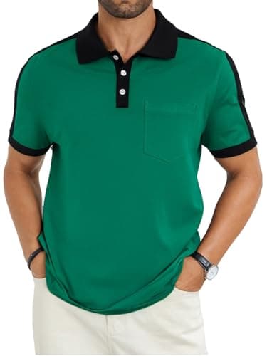 LuxMania Men's Casual Polo Shirts Short Sleeve Classic Button Shirt Fashion Cotton Golf Tops with Pocket Green XXL