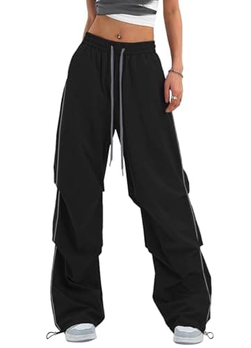 Bakyarder Women’s Y2K Baggy Parachute Pants Wide Leg Casual Track Pants with Adjustable Drawstring Waist Black Large