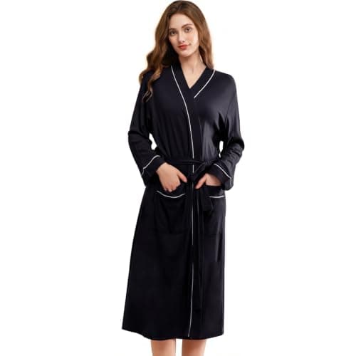 Women's Robes Lightweight Soft Cotton Blend, Ladies Bathrobe Absorbent Breathable Kimono Robe with Pockets,BLACK,L