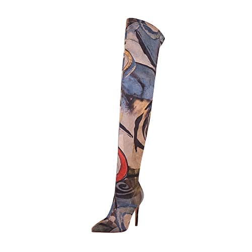 vivianly Women's Sexy Printed Stretchy Thigh High Boots Pointy Toe Stiletto Heel Booties Over The Knee High Heel Boot Size 6