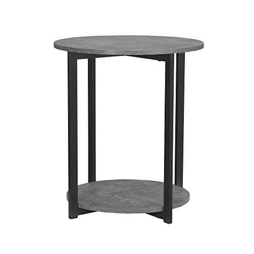 Household Essentials Jamestown Round Side End Table with Storage Shelf Rustic Slate Concrete and Black Metal