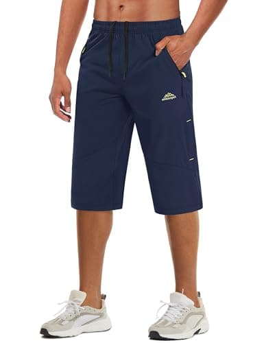MAGCOMSEN Men Capri Joggers Zipper Pockets Quick Dry Below Knee Stretchy 3/4 Gym Cargo Shorts Summer Navy, 34