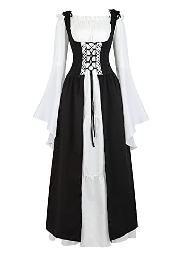Lehauya Womens Renaissance Dress Costume with Bell Sleeves and Lace Up Front Black 2XL
