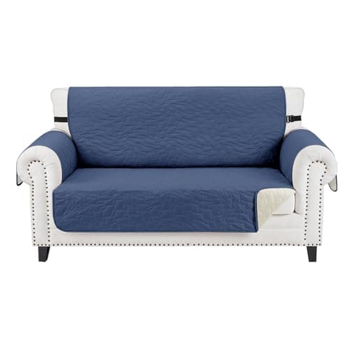CUCRAF Non Slip Quilted Sofa Cover, Water Resistant Slipcover Furniture Protector for 2 Cushion Sofa Pet Friendly, Washable Couch Cover with Adjustable Elastic Straps (Medium Loveseat, Dark Blue)