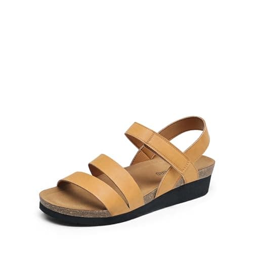 DREAM PAIRS Women's Low Heel Wedge Sandals, Round-Toe Comfortable Casual Flatform Dress Shoes with Arch Support,Size 6.5,Tan,DWUMWS2506