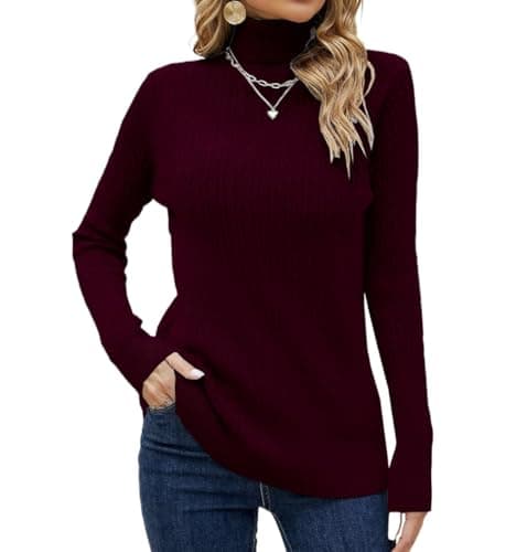 SANGTREE Women's Cable Knit Sweater Long Sleeve Turtleneck Tops Burgundy,M
