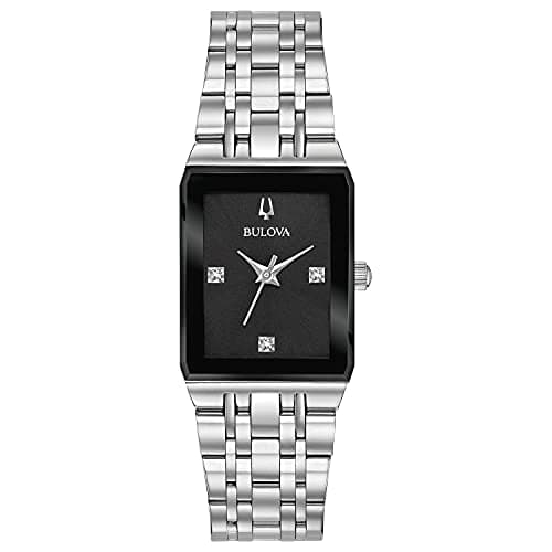 Bulova Ladies' Modern Quadra Diamond Dial Stainless Steel 3-Hand Quartz Watch, Black Dial Style: 96P202