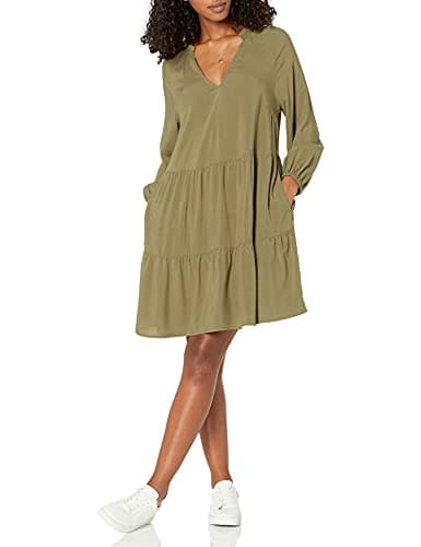 The Drop Women's @caralynmirand Ruffle-Neck Tiered Mini Dress, Olive, L