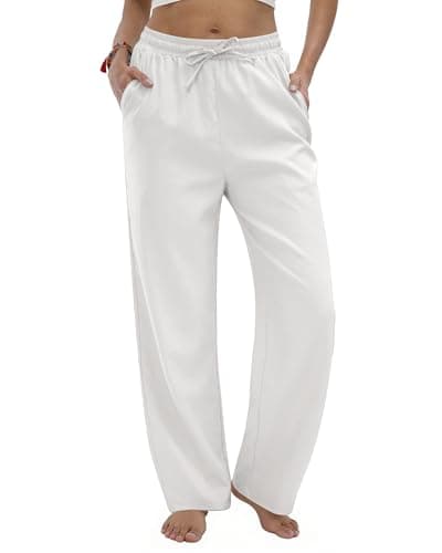 TOPYOGAS Womens Linen High Waist Drawstring Summer Boho Straight Pants