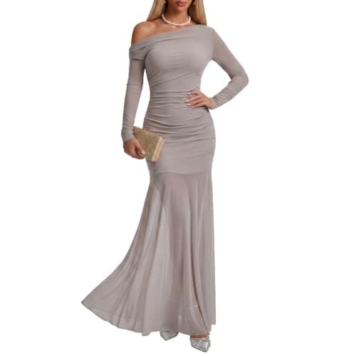 Curvphilo Bodycon Maxi Dress Women Double Lined Modal Mesh Formal Cocktail Party Wedding Guest Dress (Long Sleeve, US, Alpha, Medium, Regular, Regular, Khaki)