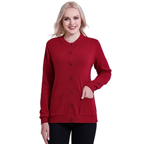 SMILING PINKER Women Cardigan Sweater Button Down Crew Neck Ribbed Knit Sweater with Pockets(3X-Large,Cranberry)