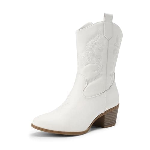 DREAM PAIRS Cowboy Boots for Women, Mid Calf Cowgirl Boots with Embroidery Round Toe Western Chunky Low Heel Shoes,Size 6.5,All White,DWUMMB2505