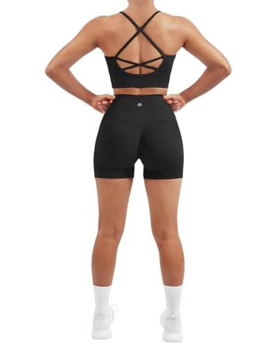 SUUKSESS Women Seamless Workout Sets Padded Bra Gym Shorts, Black, M