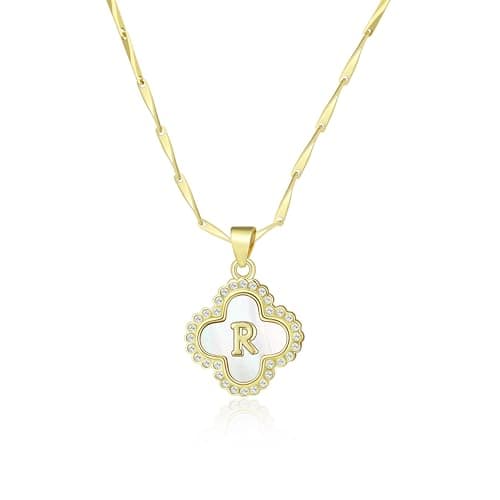 LETFLY Four Leaf Clover Initial Necklaces for Women, 14K Gold Plated Natural Shells Clover Letter Pendant, Alphabets R Necklace Jewelry Gifts for Women