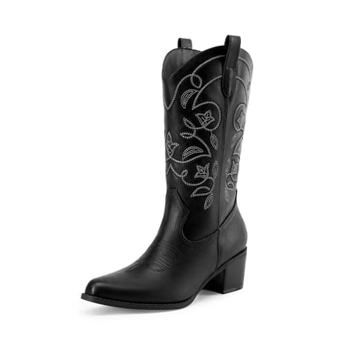 DREAM PAIRS Cowboy Boots for Women Cowgirl Western Boots Fashion Embroidery Stitched Chunky Heel Mid Calf Boots,Size 6,Black-Pu,DWUMMB2504