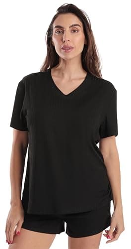 Just Love Women's Pajama Short Set, Stretch Jersey V-Neck Sleepwear with Elastic Waist Shorts - Black, Small