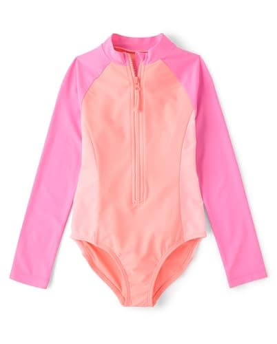 The Children's Place,Girls,Long Sleeve Half Zip One Piece Rashguard Swimsuit,Pink Abalone,X-Small